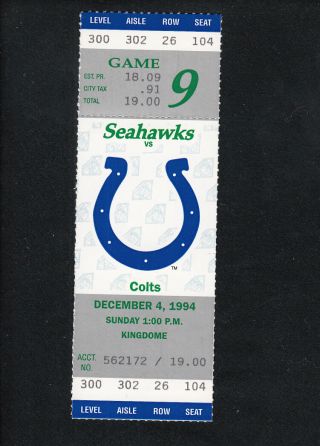 1994 Complete Nfl Football Ticket Seattle Seahawks Vs Indianapolis Colts Game 9