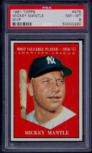 Psa 8 1961 Topps 475 Mickey Mantle 1956,  57 Mvp Yankees 9 Qlty.  Holder