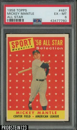 1958 Topps All Star 487 Mickey Mantle York Yankees Hof Psa 6 Ex - Mt