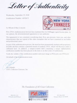 Joe DiMaggio Signed License plate Yankees HOF AUTO Baseball PSA LOA 4