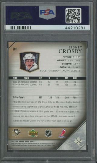 2005 - 06 Upper Deck Young Guns 201 Sidney Crosby Penguins RC Rookie PSA 9 2