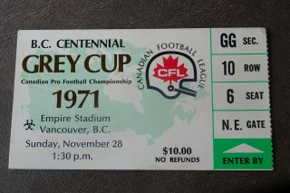 1971 Grey Cup Ticket Stub British Columbia Centennial Canadian Football Cfl