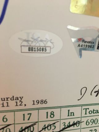 Jack Nicklaus autograph.  Hand signed 16x20 Golf Scorecard 1986 Masters.  JSA 7