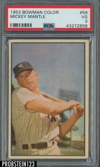 1953 Bowman Color 59 Mickey Mantle York Yankees Hof Psa 3 Vg