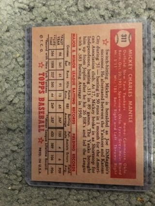 1952 Topps 311 Mickey Mantle Rookie Card RC York Yankees MLB 2