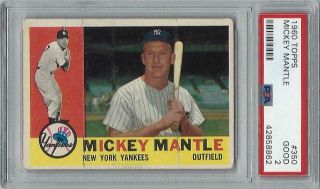 1960 Topps 350 Mickey Mantle Baseball Card Graded Psa 2 (good)