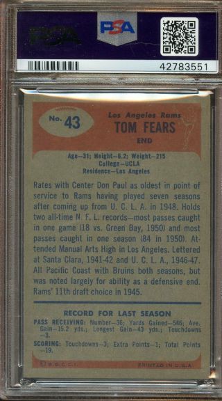 1955 Bowman Football Card 43 Tom Fears PSA 8 NRMT/MT 2