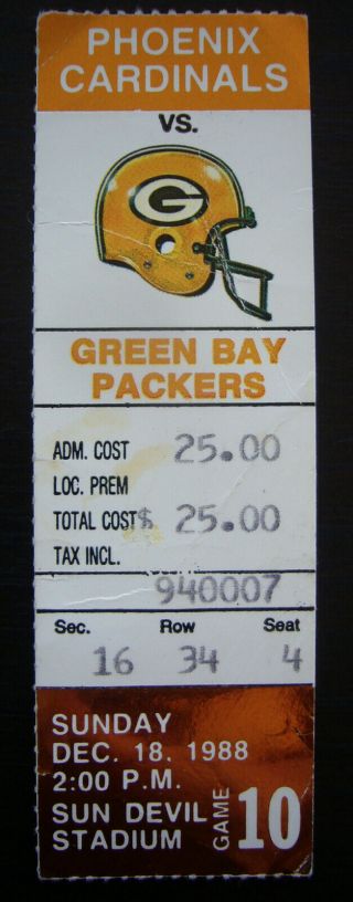 1988 Phoenix Cardinals Vs Green Bay Packers Football Ticket Stub