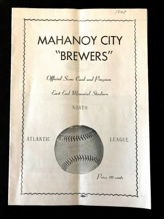 1948 Mahanoy City Brewers Vs Nazareth Barons Minor League Baseball Program