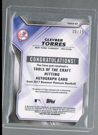 Gleyber Torres 2017 Bowman Platinum Tools of the Craft Auto /35 Yankees Rookie 2