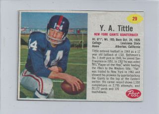 1962 Post Cereal Football 29 Y.  A.  Tittle York Giants