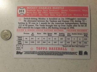 1952 Topps 311 Mickey Mantle Rookie RC Reprint Card 5 