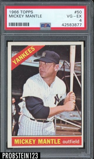 1966 Topps Mickey Mantle 50 York Yankees Psa 4 Vg - Ex