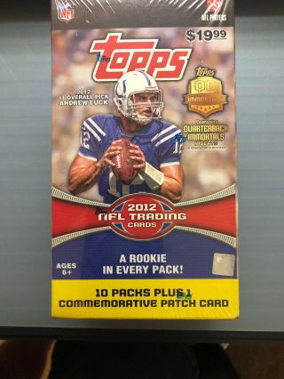 2012 Topps Football Blaster Box - 10 Packs Plus 1 Patch Card.  Luck Rookie Card