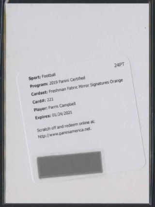 2019 Certified Rookie Patch Autograph Orange Parris Campbell Auto Rc /299 Colts