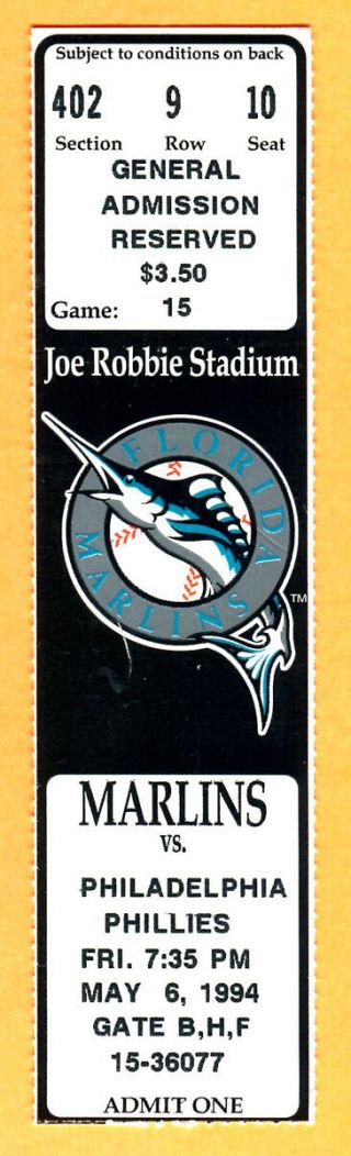 Marlins Catcher Charles Johnson Mlb Debut Ticket Stub - 5/6/94 - Phillies