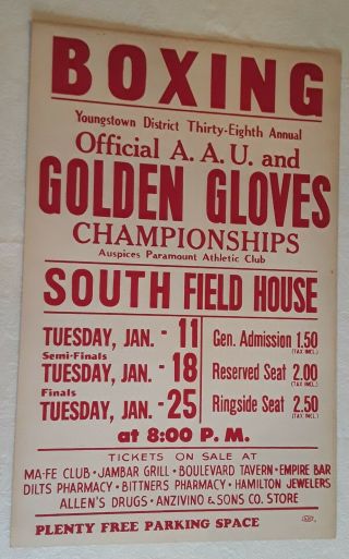 Vintage Golden Gloves Boxing Championship Poster,  Youngstown,  Oh