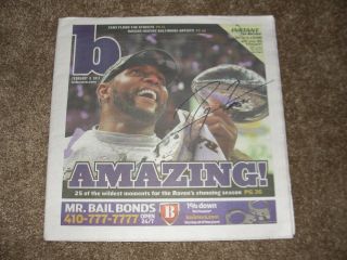 Ray Lewis Signed Baltimore B Newspaper From Bowl Xlii Champions Ravens
