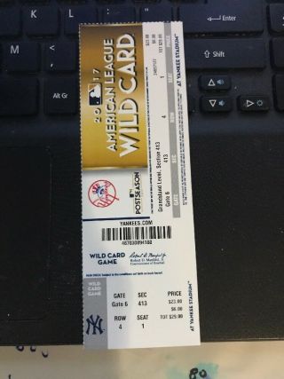 2017 York Yankees Vs Minnesota Twins Wild Card Game Ticket Stub Judge Hr