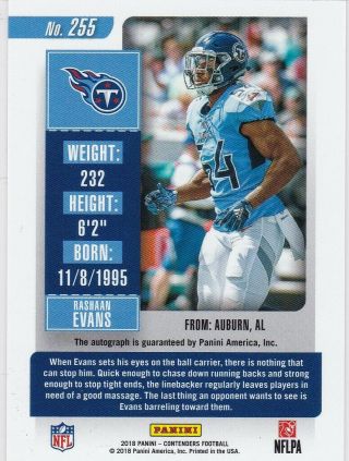 Rashaan Evans Tennessee Titans 2018 Contenders Championship Ticket AUTO RC /49 2