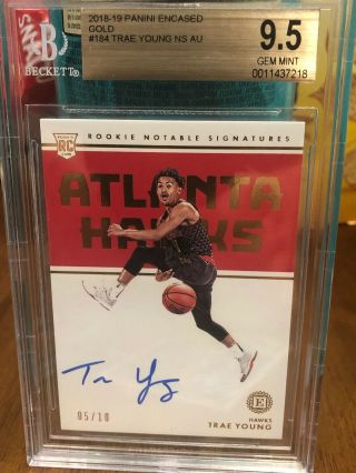 2018 - 19 Encased Trae Young Gold Notable Signatures Auto Rc/10 Bgs 9.  5/10 Rookie