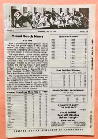 1980 Miami Beach Kennel Club Greyhound Program LAST RACE BEFORE CLOSING FOREVER 2