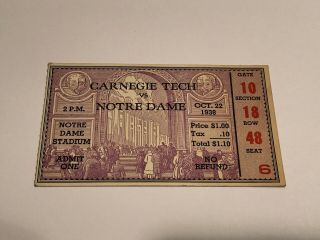 Vintage 1938 Football Ticket Stub Carnegie Tech.  /notre Dame Game Oct 22,  1938