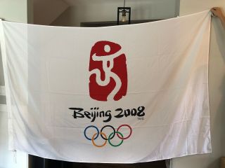 Beijing Olympics 2008 Logo Huge White Flag Banner 8’ X 5.  5’ Olympic Rings China