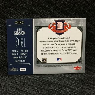 KIRK GIBSON TIGERS 2006 FLEER GREATS OF THE GAME WORN JERSEY CARD DET - KG 2