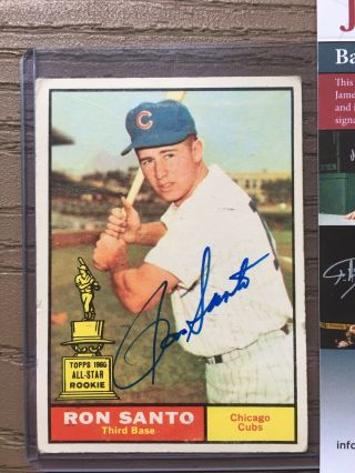 Ron Santo Signed/auto 1961 Topps Rc/rookie Card Jsa Cubs/hof