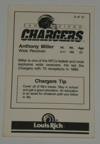 Anthony Miller Signed 1990 Chargers Police Football Card 6 Autograph Pro Bowl 3