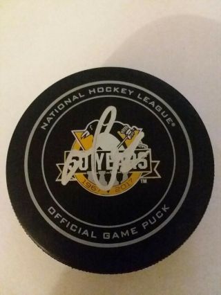 Mario Lemieux Signed Autograph Pittsburgh Penguins 50th Official Game Puck Bas