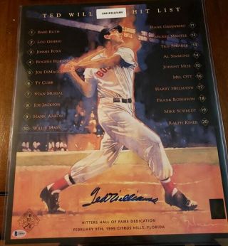 Ted Williams Signed Hit List 16x20 Poster With Beckett Letter