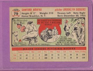 1956 Topps Sandy Koufax 79 WHITE BACK Card HOF Dodgers VG Centering 2