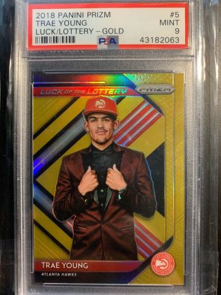 2018 - 19 Prizm Trae Young Rc Rookie Luck Of Lottery Gold Prizm 09/10 Psa 9 Hawks