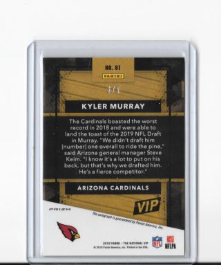 2019 Panini The National NSCC VIP Gold 2/5 Kyler Murray Auto Rookie RC 2