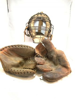 2 Vintage Baseball Mitts And 1 Face Guard