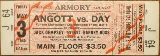 1940 Angott V Day Jack Dempsey Lightweight Championship Fight Boxing Ticket Stub