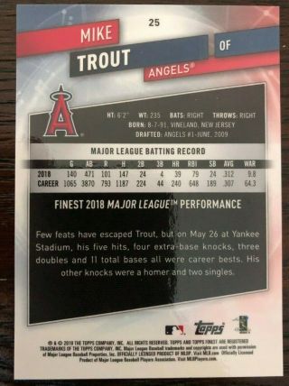 2019 Topps Finest - Mike Trout - Purple Refractor - ed 160/250 2