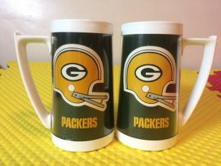 Set Of 2 Vintage 1976 Green Bay Packers Thermo Serv 16 Oz Plastic Mugs Made Usa