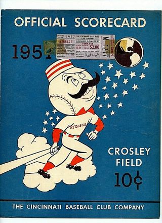 1957 Crosley Field Cincinnati Reds V.  St.  Louis Cardinals Scorecard W/ Ticket