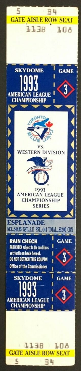 1993 American League Championship Series Ticket Game 3 Skydome Toronto Blue Jays