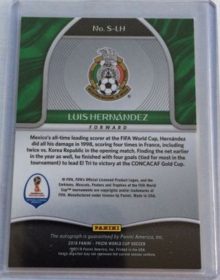 2018 PANINI WORLD CUP SOCCER AUTOGRAPH CARD LUIS HERNANDEZ CARD NO.  S - LH 2