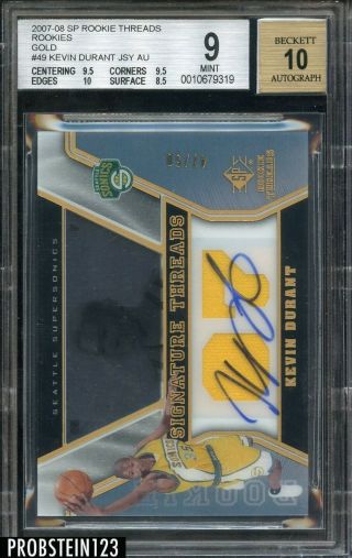 2007 - 08 Sp Rookie Threads Gold Kevin Durant Rc Rookie Jersey Auto /50 Bgs 9