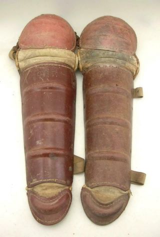 Antique 1920/30 Catchers Leather Knee Pads Baseball Shin Guards Cbf Cleveland