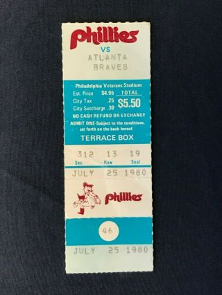 1980 Baseball Ticket Stub Phillies Braves Mike Schmidt Home Run 260 And 261