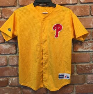 Vtg Philadelphia Phillies Sewn Yellow Baseball Jersey Mlb Majestic Youth Large