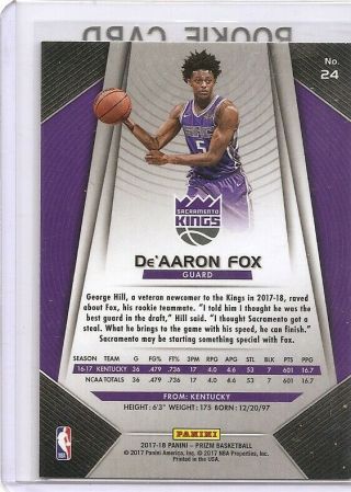 2017 - 18 Panini Prizm De ' Aaron Fox Rookie Card 24 Sacramento Kings 2