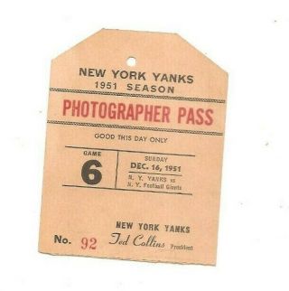 1951 Photographers Pass York Yanks (nfl) Vs.  York Giants