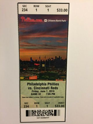 Philadelphia Phillies Vs Cincinnati Reds June 7,  2019 Ticket Stub